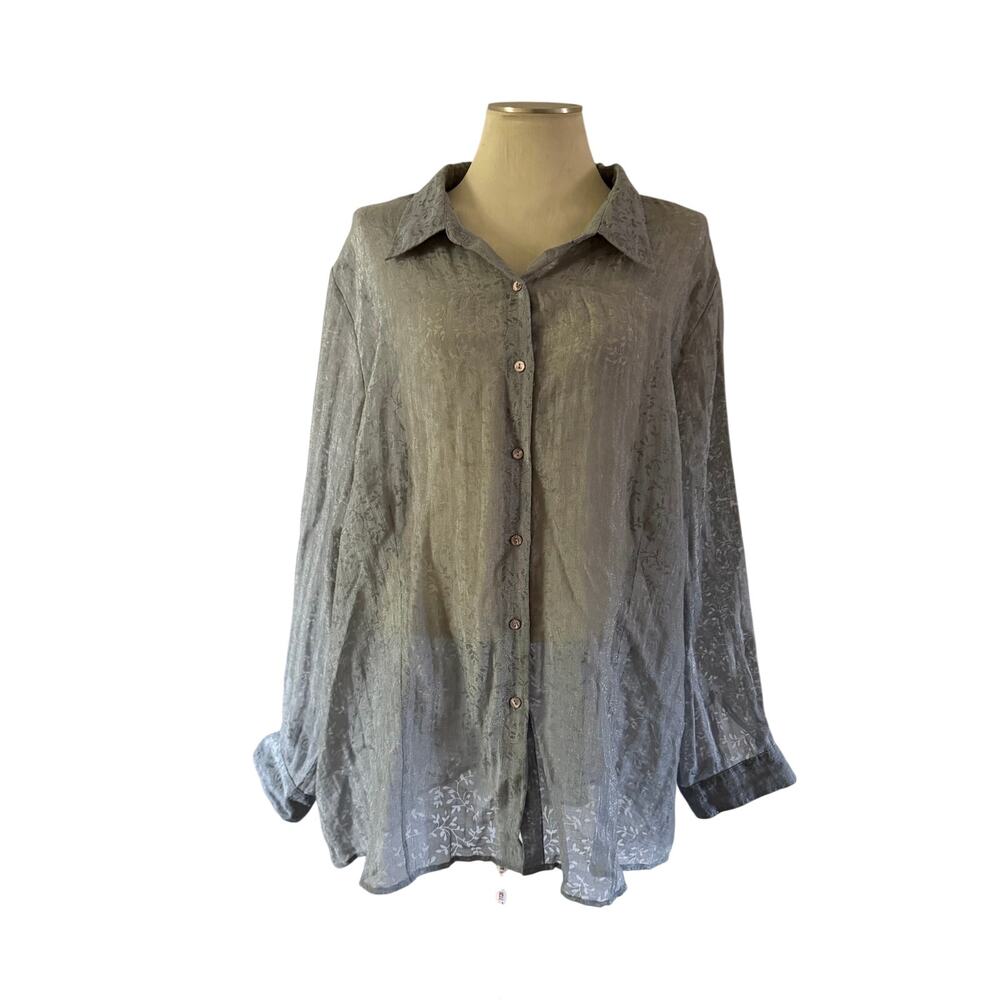 VTG Y2K 2000s Gray Sheer Floral Casual Button Down Plus Size 4X Whimsy Fairy